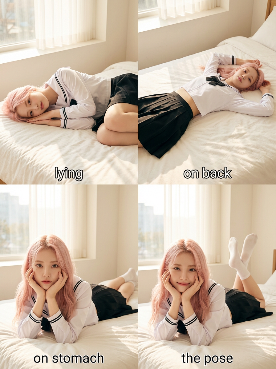 横たわる、仰向け、うつ伏せ【nanobanana】ポーズ用のプロンプト(呪文)集｜実写画像で紹介