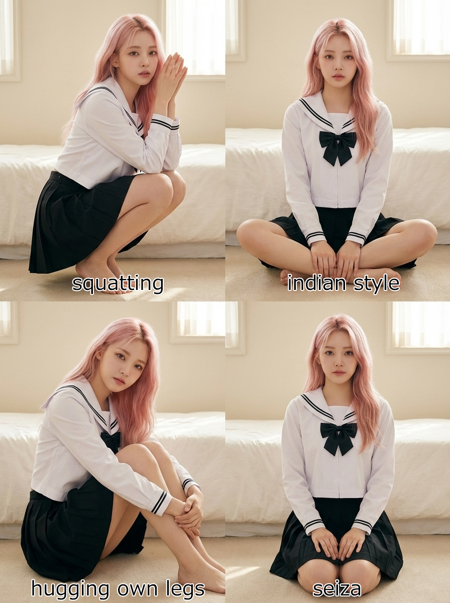しゃがむ、あぐら、膝を抱える、正座【nanobanana】ポーズ用のプロンプト(呪文)集｜実写画像で紹介